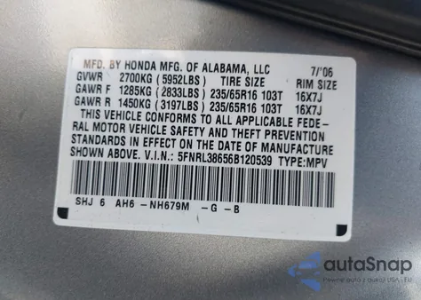 2006 Honda Odyssey Ex-L из США, поврежденный, VIN 5FNRL38656B120539